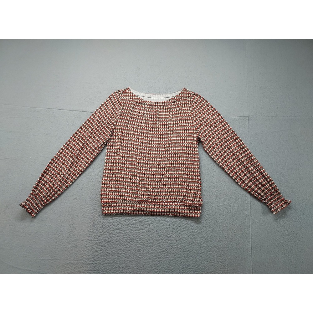 LOFT Women Blouse Top S Red Gingham Long Sleeve Round Neck Ruffle Hem Retro 90s